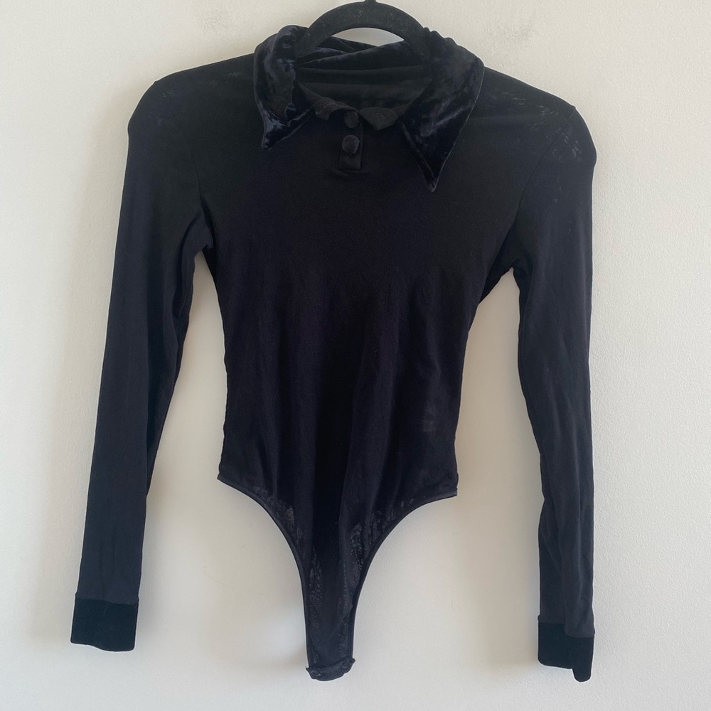Cosabella Black Long Sleeve Mesh Velvet Accent Bodysuit Size Medium
